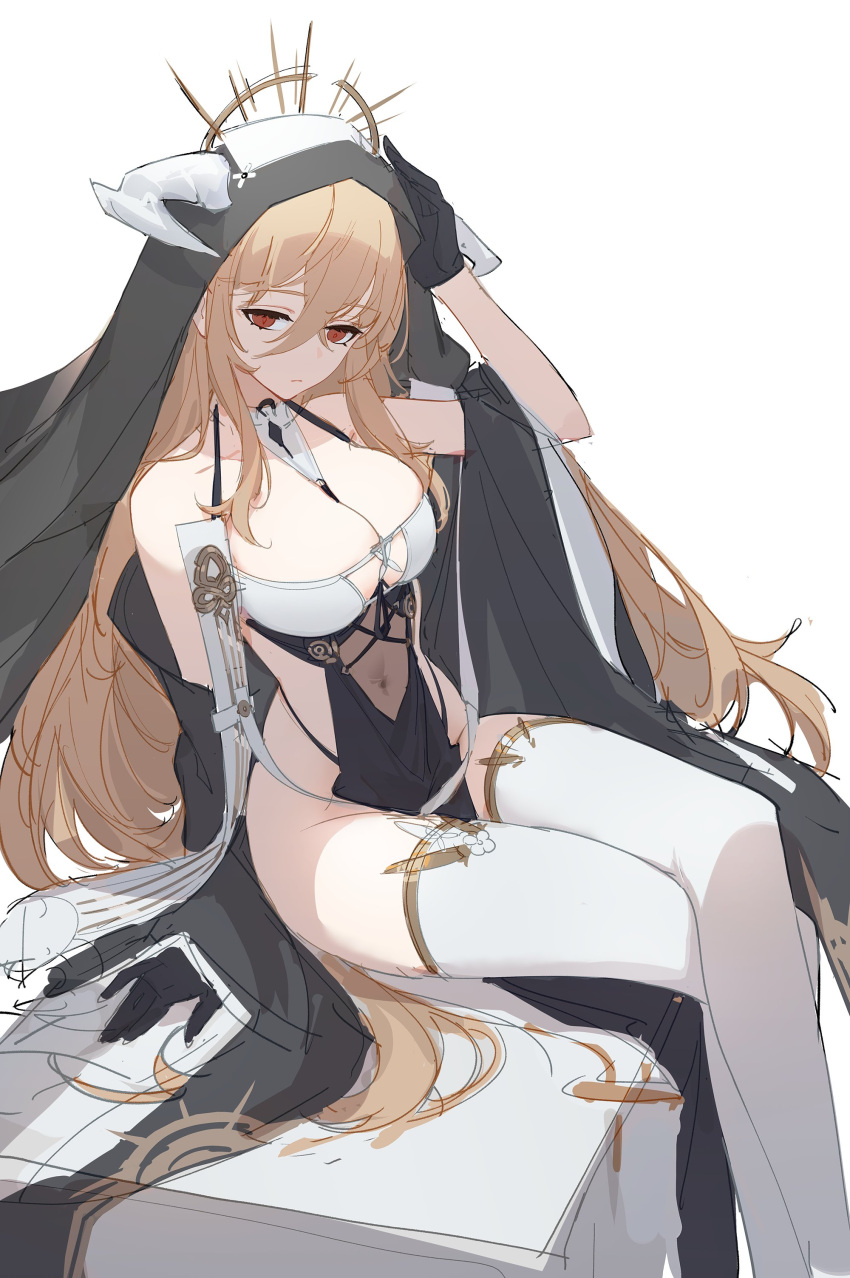 1girl absurdres arm_up azur_lane bare_shoulders between_breasts black_gloves blonde_hair breasts cleavage covered_navel crossed_legs gloves gold_trim highres horns implacable_(azur_lane) lance_(lancelliu) large_breasts long_hair looking_at_viewer no_panties off_shoulder pelvic_curtain red_eyes revealing_clothes sideless_outfit sitting solo thighhighs thighs veil very_long_hair white_thighhighs
