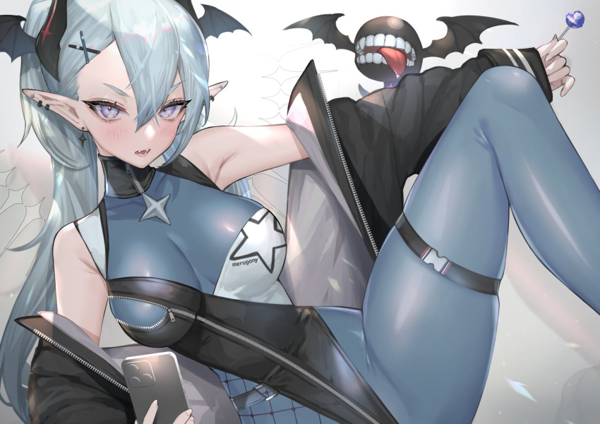 1girl black_jacket blue_eyes bodysuit breasts candy commentary_request copyright_request curvy double-parted_bangs ear_piercing earrings fangs food full-length_zipper grey_hair hair_between_eyes hair_ornament hairclip head_wings highres hitowa jacket jacket_partially_removed jewelry lollipop long_hair long_sleeves medium_breasts narrow_waist open_mouth pearl_earrings piercing purple_eyes skin_tight sleeveless sleeveless_bodysuit solo spread_legs v-shaped_eyebrows very_long_hair wide_hips wings x_hair_ornament zipper