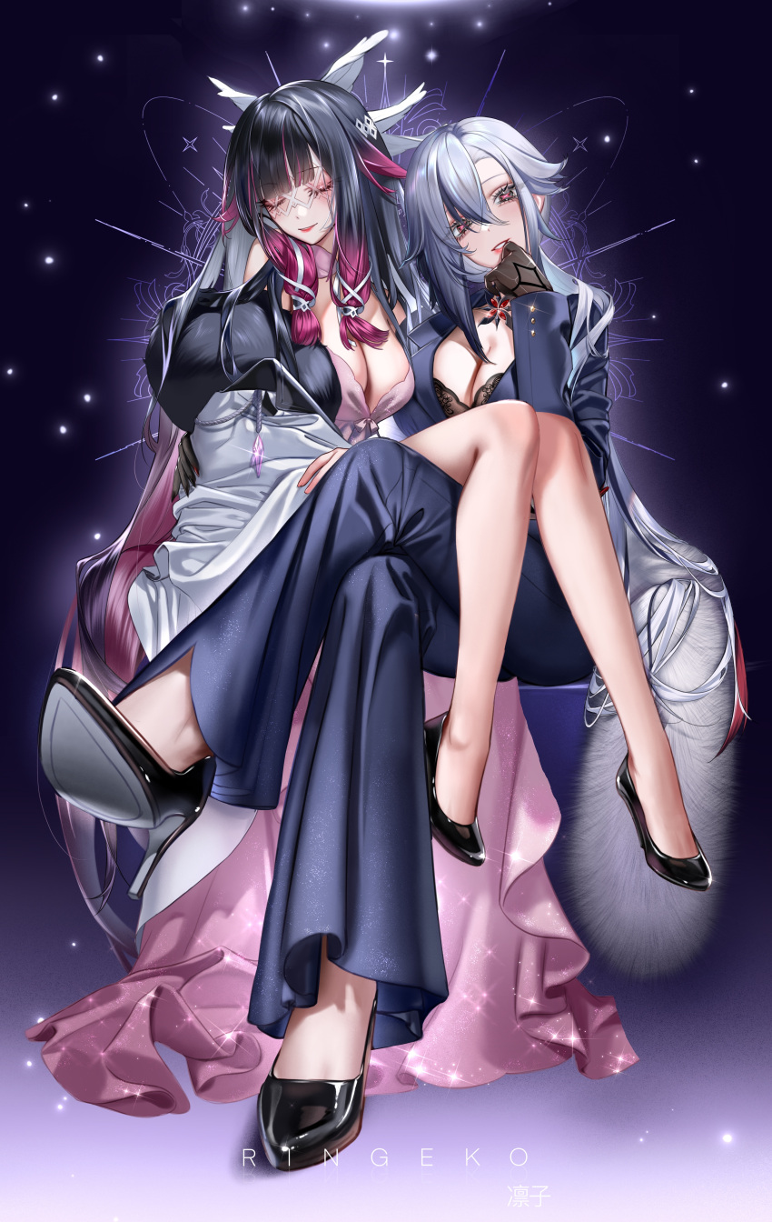 2girls absurdres arlecchino_(genshin_impact) arm_around_waist bare_legs black_bra black_eyes black_footwear black_hair blue_jacket blue_pants bra breasts cleavage closed_eyes columbina_(genshin_impact) crossed_legs dress full_body genshin_impact gloves gradient_hair grey_hair hair_between_eyes hair_ribbon head_tilt high_heels highres jacket large_breasts long_hair long_sleeves multicolored_hair multiple_girls off_shoulder pants parted_lips pink_dress purple_hair ribbon ringeko-chan sitting sitting_on_lap sitting_on_person smile underwear very_long_hair