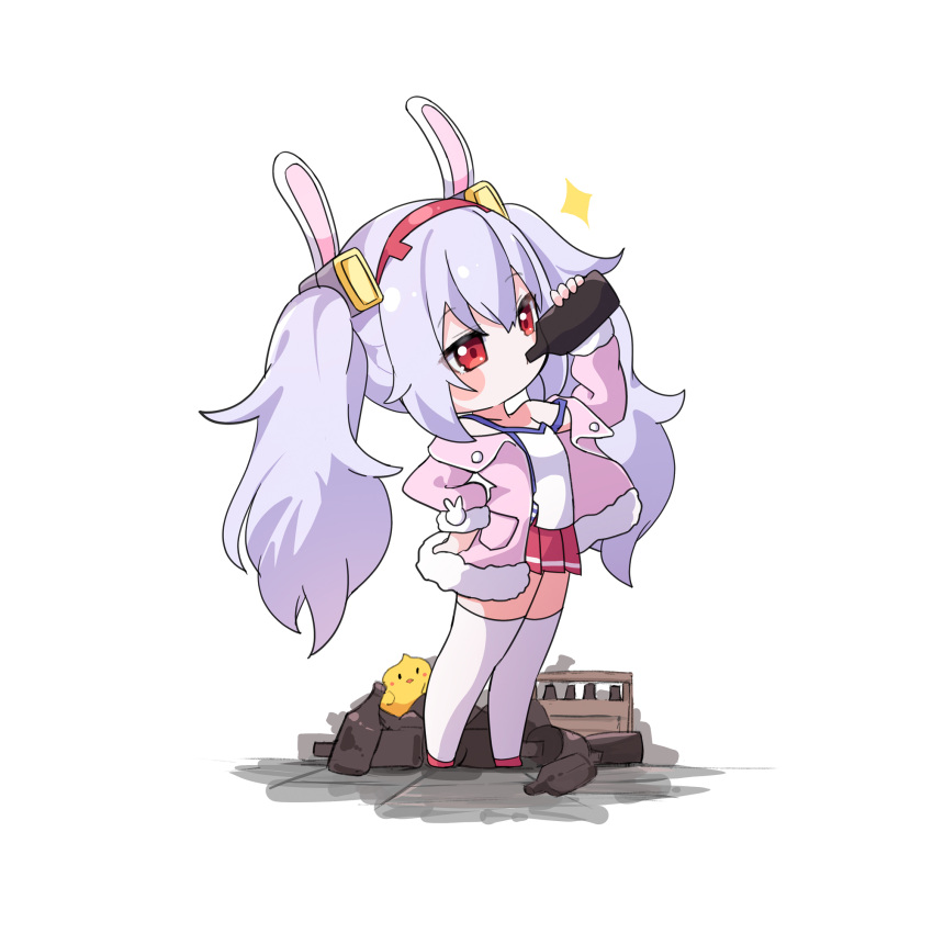 1girl ame. animal animal_ears arm_up azur_lane bird blush_stickers bottle camisole chibi chick commentary_request drinking fake_animal_ears fur-trimmed_jacket fur-trimmed_sleeves fur_trim grey_hair hair_between_eyes hairband hand_on_own_hip highres holding holding_bottle jacket laffey_(azur_lane) long_hair long_sleeves manjuu_(azur_lane) off_shoulder open_clothes open_jacket pink_jacket pleated_skirt rabbit_ears red_eyes red_footwear red_hairband red_skirt shoes simple_background skirt solo sparkle standing strap_slip thighhighs twintails very_long_hair white_background white_camisole white_thighhighs