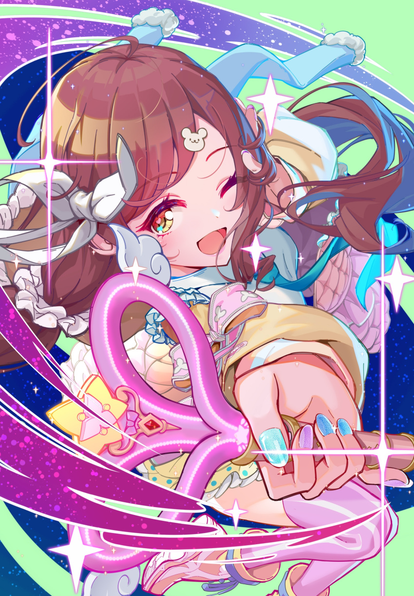 1girl bear_hair_ornament blue_necktie blush boots dress hair_ornament hair_ribbon hair_scrunchie highres idolmaster idolmaster_shiny_colors khorosho long_hair long_sleeves looking_at_viewer low_twintails magical_girl multicolored_nails nail_polish necktie official_alternate_costume official_alternate_hairstyle one_eye_closed open_mouth osaki_amana pink_thighhighs red_hair ribbon scarf scrunchie smile solo swept_bangs thighhighs twintails wand yellow_dress yellow_eyes