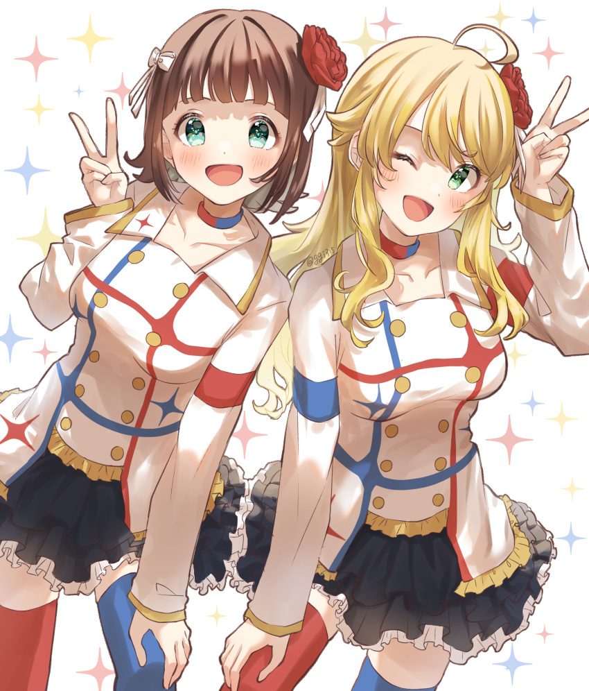 2girls :d ;d absurdres ahoge amami_haruka arm_up asymmetrical_legwear black_skirt blonde_hair blue_thighhighs breasts brown_hair choker collarbone commentary_request cowboy_shot dot_nose flower frilled_skirt frills ggi315 green_eyes hair_flower hair_ornament hair_ribbon hand_on_own_knee hand_up highres hoshii_miki idolmaster idolmaster_(classic) idolmaster_million_live! idolmaster_million_live!_theater_days idolmaster_movie jacket long_hair long_sleeves looking_at_viewer medium_breasts miniskirt mismatched_legwear multicolored_choker multiple_girls one_eye_closed open_mouth red_flower red_thighhighs ribbon short_hair skirt smile starpiece_memories_(idolmaster) starry_background thighhighs v white_background white_jacket white_ribbon