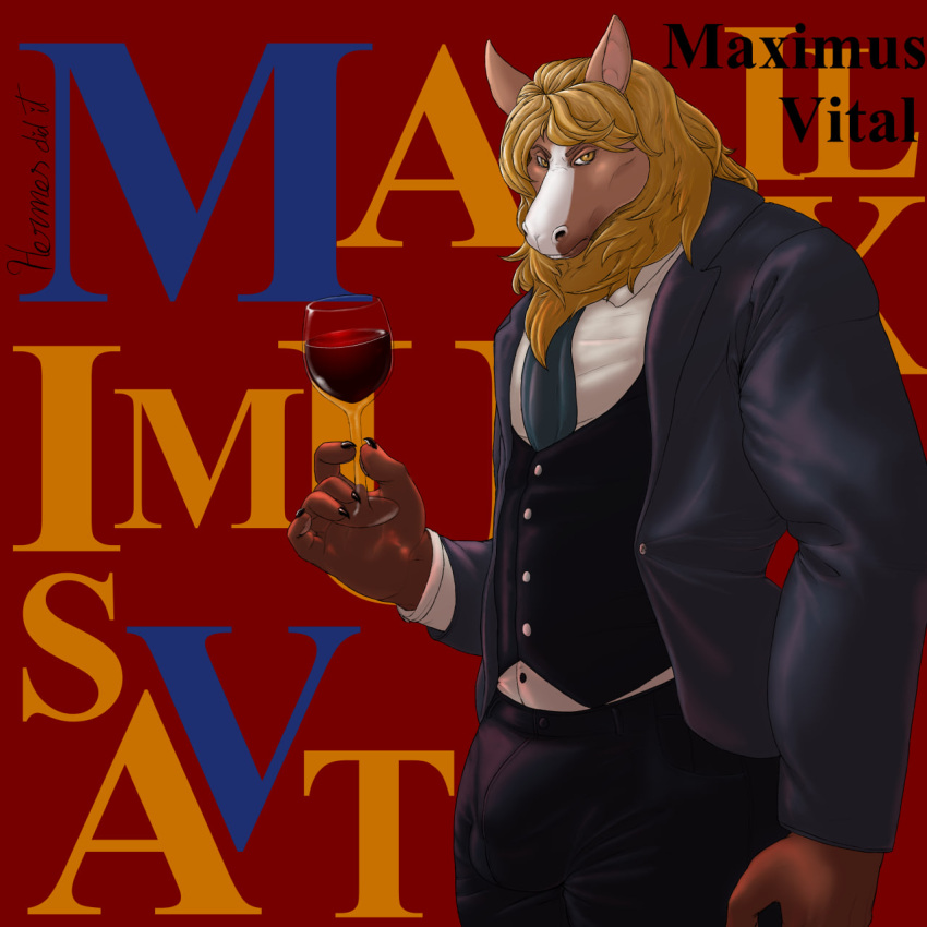 anthro blonde_hair bulge clothing container cup drinking_glass equid equine felid glass glass_container glass_cup hair hermesdidit hi_res holding_glass holding_object horse hybrid lion looking_angry looking_at_viewer male mammal mane maximus_vital muscular muscular_male necktie pantherine solo suit wine_glass