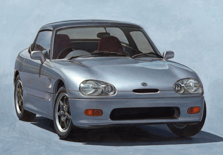 ape_(logo1113) aqua_background car colored_pencil_(medium) grey_car highres motor_vehicle no_humans original shadow simple_background suzuki_(company) suzuki_cappuccino traditional_media vehicle_focus