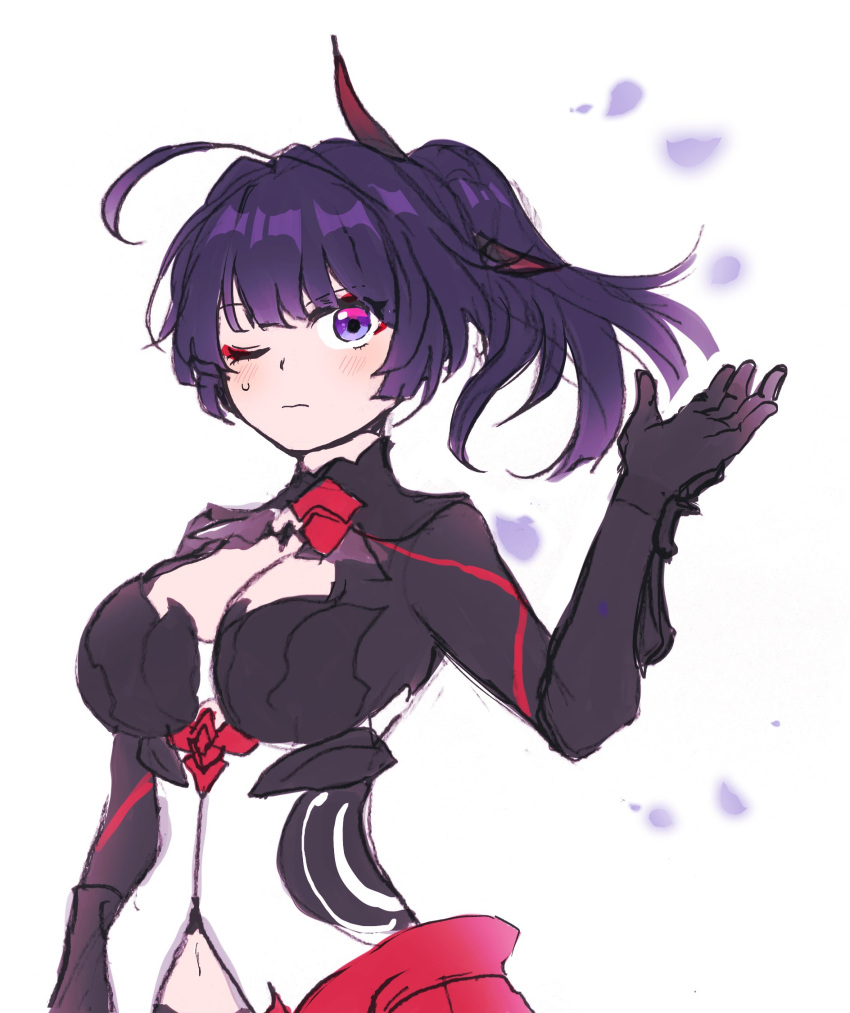 1girl 5rwpvc black_gloves blush breasts cleavage closed_mouth gloves hand_up highres honkai_(series) honkai_impact_3rd looking_at_viewer medium_breasts navel petals ponytail purple_eyes purple_hair raiden_mei raiden_mei_(danzai_spectramancer) simple_background solo sweat white_background