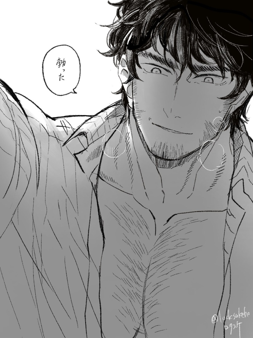 1boy bara breath chest_hair collared_shirt facial_hair goatee greyscale highres large_pectorals locksuke long_sideburns looking_at_viewer male_focus mature_male monochrome muscular muscular_male open_clothes open_shirt original pectoral_cleavage pectorals pov seductive_smile shirt short_hair sideburns smile solo stubble thick_eyebrows translation_request upper_body