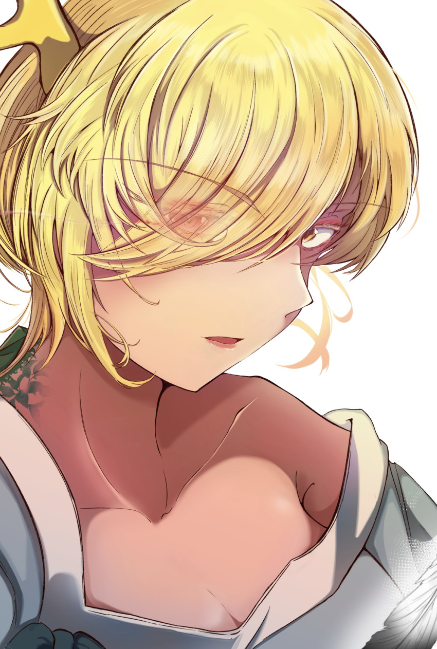 1girl absurdres antlers blonde_hair blue_shirt breasts collarbone dragon_girl dragon_horns highres horns kicchou_yachie lolimoya4444 open_mouth shirt short_hair single_bare_shoulder touhou turtle_shell upper_body yellow_horns