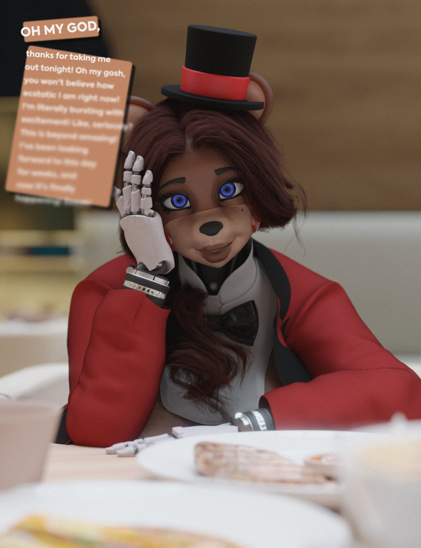 2023 3d_(artwork) absurd_res anthro bear black_nose blue_eyes breasts brown_hair brown_lips clothed clothing digital_media_(artwork) english_text eyebrows female five_nights_at_freddy's food freddy_(fnaf) furniture hair hat headgear headwear hi_res lips looking_at_viewer machine mammal robot scottgames solo sunr4y table text top_hat