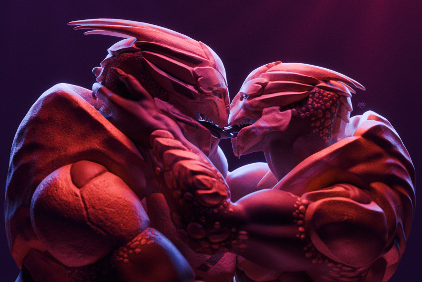 3d_(artwork) alien blue_tongue bodypaint digital_media_(artwork) duo eyes_closed face_paint french_kissing head_grab hi_res humanoid intraspecies kagekave kissing male male/male mass_effect muscular muscular_male nude open_mouth teeth tongue tongue_out turian