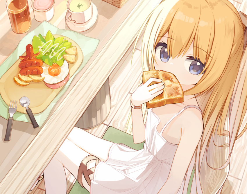 1girl bare_arms bare_shoulders blonde_hair blue_eyes chair cup dress drink drinking_glass eating flower_girl_(yuuhagi_(amaretto-no-natsu)) food food_art fork fried_egg hair_between_eyes holding holding_food indoors long_hair on_chair original saucer sleeveless sleeveless_dress solo spoon table tako-san_wiener toast very_long_hair white_dress wooden_floor yuuhagi_(amaretto-no-natsu)