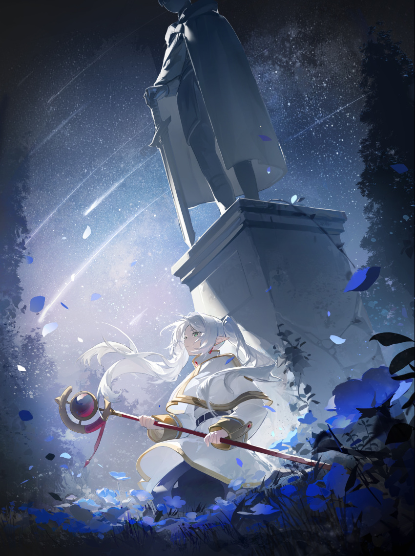 1girl absurdres baofandxy belt blue_pantyhose blue_theme capelet dutch_angle earrings elf falling_petals field floating_clothes floating_hair flower flower_field frieren from_side green_eyes highres himmel_(sousou_no_frieren) holding holding_staff jewelry long_hair long_sleeves looking_ahead meteor_shower miniskirt on_ground outdoors pantyhose petals plant pointy_ears seiza shirt sitting skirt skirt_set sky sleeve_cuffs solo sousou_no_frieren staff star_(sky) starry_sky statue striped striped_shirt twintails vines white_capelet white_hair white_skirt wind