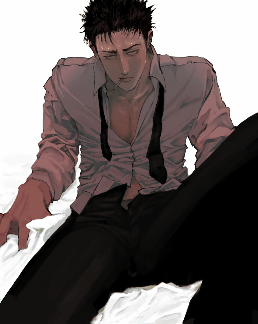 1boy black_eyes black_hair black_necktie black_suit cigarette closed_mouth collared_shirt fckmanji feet_out_of_frame formal highres higuruma_hiromi jujutsu_kaisen knee_up long_sleeves looking_at_viewer male_focus mature_male necktie on_bed pants partially_unbuttoned shirt short_hair sideburns sitting solo suit sweat white_shirt