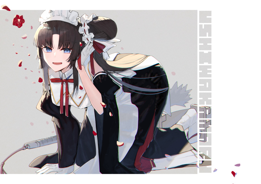 1girl absurdres all_fours alternate_costume apron asymmetrical_sleeves black_dress black_hair blue_eyes braid breasts character_name collared_shirt commentary_request detached_sleeves dress english_text enmaided falling_flower falling_petals fate/grand_order fate_(series) frills geta gloves grey_background highres katana long_hair long_sleeves looking_at_viewer maid maid_apron maid_headdress o_mochi_(usami31mi) open_mouth petals puffy_long_sleeves puffy_short_sleeves puffy_sleeves red_ribbon ribbon sheath sheathed shirt short_sleeves side_ponytail simple_background smile socks solo sword tassel ushiwakamaru_(fate) very_long_hair weapon white_apron white_background white_gloves white_socks