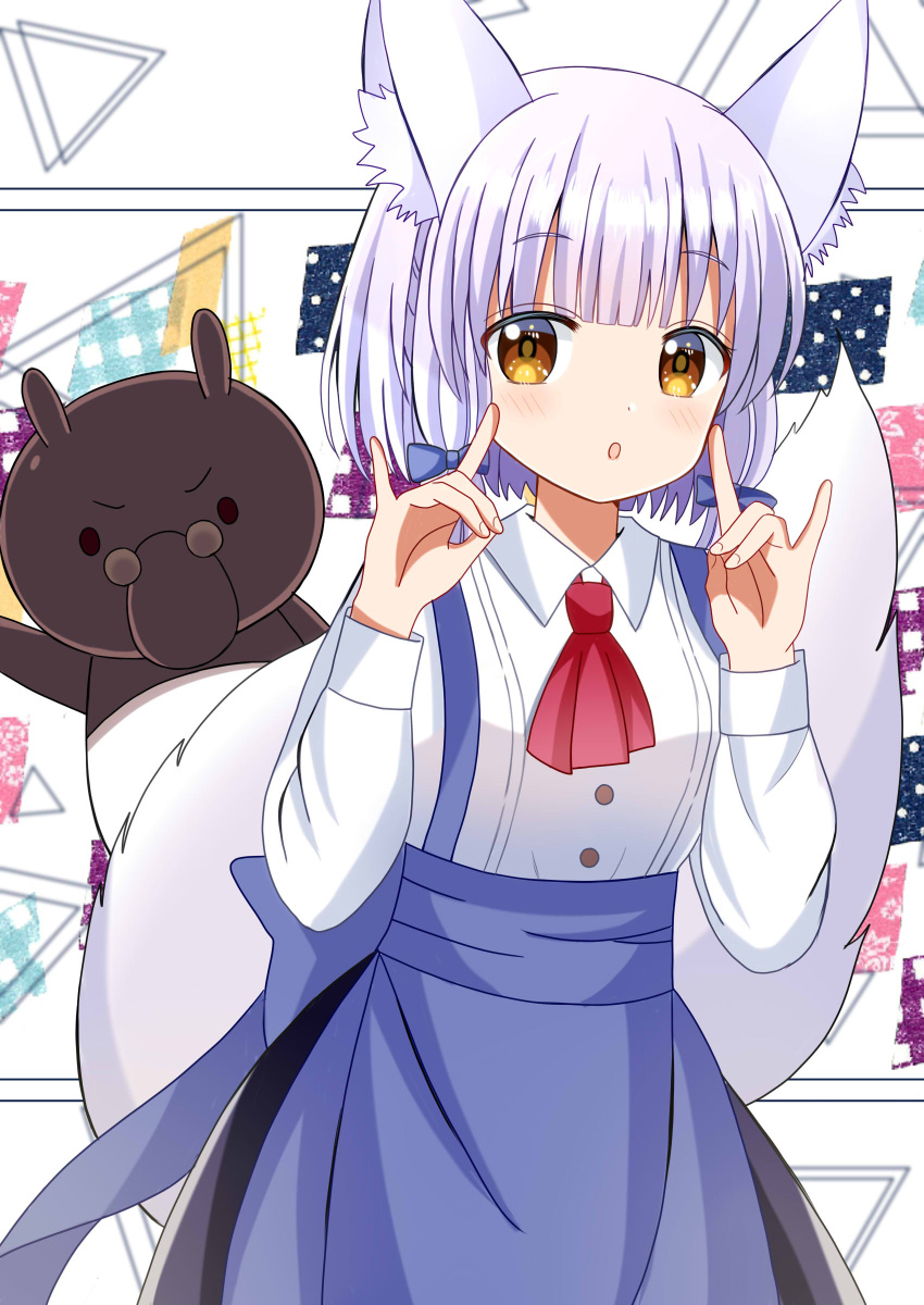 1boy 1girl absurdres animal_ears apron ascot blue_apron brown_eyes collared_shirt commentary_request double_fox_shadow_puppet fox_ears fox_girl fox_shadow_puppet fox_tail highres long_sleeves looking_at_viewer machikado_mazoku multicolored_background red_ascot riko_(machikado_mazoku) round_eyewear ryoutan shirosawa_(machikado_mazoku) shirt short_hair tail tapir white_hair white_shirt