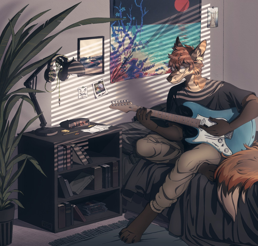anthro bed bedroom brown_body brown_fur canid canine clothing digitigrade electric_guitar eyes_closed eyewear fox fur furniture glasses guitar hair hi_res inner_ear_fluff khaki_pants male mammal musical_instrument on_bed orange_body orange_fur orange_hair playing_guitar playing_music plucked_string_instrument shirt sitting sitting_on_bed sleeping sleepy_poss smile solo string_instrument t-shirt topwear tuft white_body white_fur