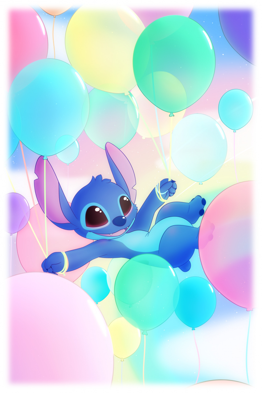 2023 4_fingers 6/26 alien ambiguous_gender anthro balloon biped blue_body blue_fur blue_nose border breakingcloud digital_media_(artwork) disney experiment_(lilo_and_stitch) fingers floating fur happy head_tuft hi_res inflatable lgbt_history_month lgbt_pride lilo_and_stitch notched_ear open_mouth open_smile purple_eyes rainbow_background simple_background small_tail smile solo stitch_(lilo_and_stitch) tail tuft white_border