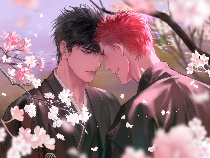 2boys bishounen black_eyes black_hair black_kimono cherry_blossoms closed_eyes closed_mouth couple day falling_petals forehead-to-forehead heads_together highres japanese_clothes kimono looking_at_another male_focus mukur_sd multiple_boys outdoors petals red_hair rukawa_kaede sakuragi_hanamichi short_hair slam_dunk_(series) smile toned toned_male upper_body yaoi