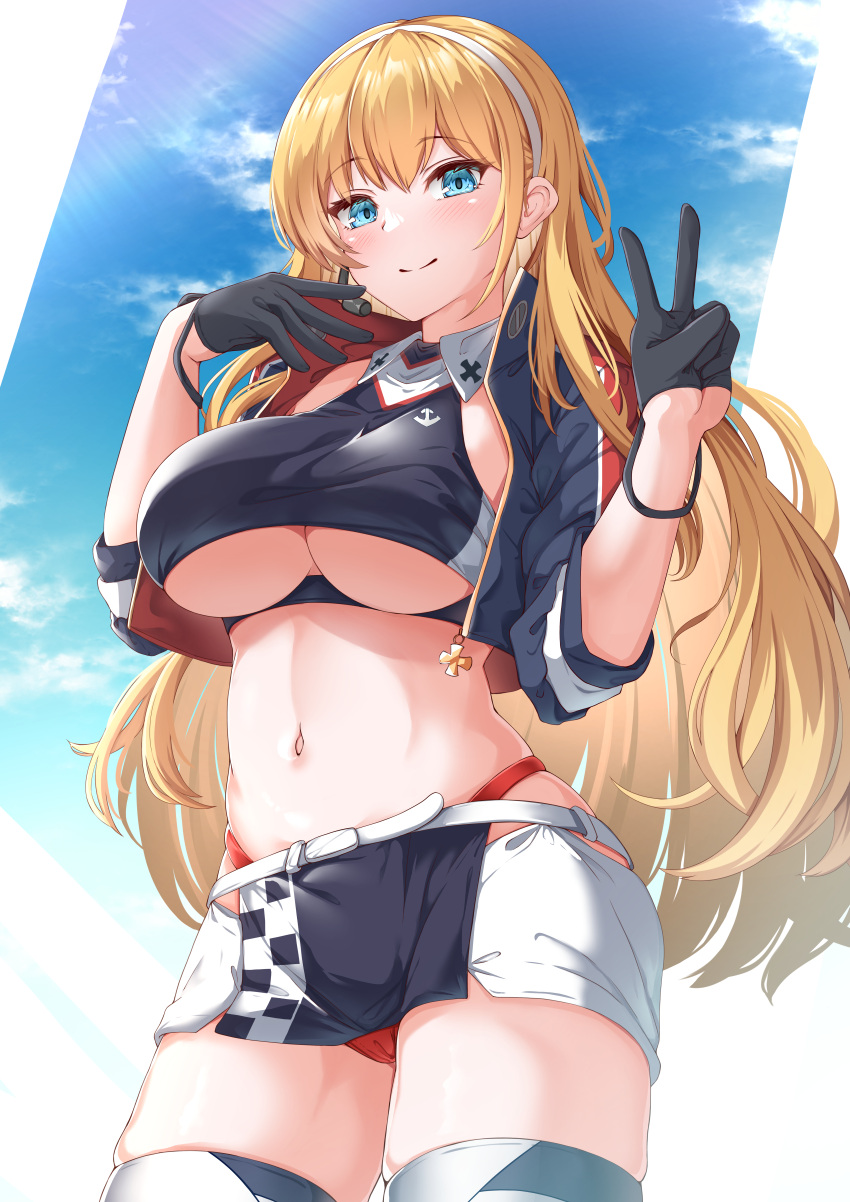 1girl absurdres azur_lane black_gloves black_jacket blonde_hair blue_eyes blue_sky blush breasts closed_mouth clothing_cutout cloud commission cosplay crop_top cropped_jacket gloves hairband half_gloves highres jacket large_breasts long_hair looking_at_viewer moyoron navel north_carolina_(azur_lane) official_alternate_costume panties prinz_eugen_(azur_lane) prinz_eugen_(azur_lane)_(cosplay) prinz_eugen_(final_lap)_(azur_lane) race_queen red_panties skeb_commission skirt sky smile solo standing stomach underboob underboob_cutout underwear very_long_hair white_background white_hairband white_skirt