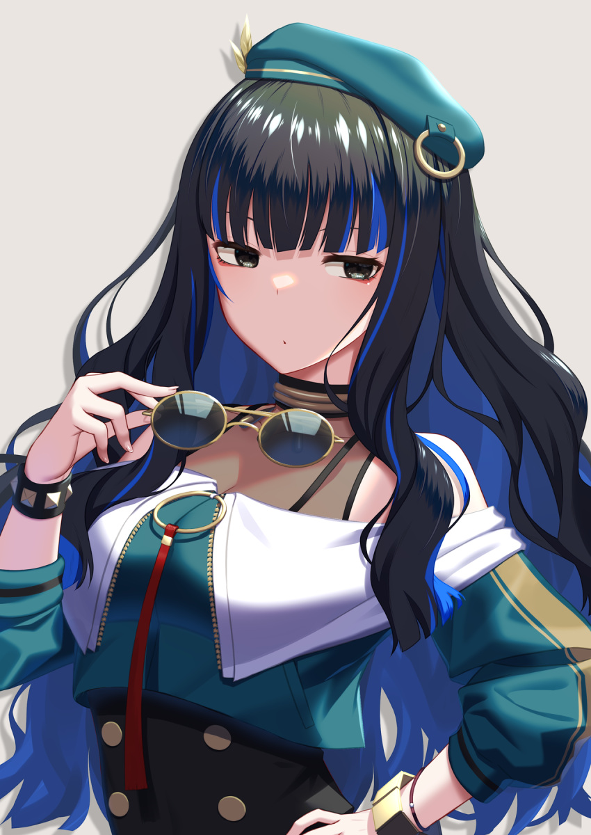 1girl bare_shoulders beret black_hair black_shorts blue_hair bracelet breasts buttons colored_inner_hair double-breasted eyeliner fate/grand_order fate_(series) green_headwear green_jacket grey_eyes hat highres jacket jewelry kuroshiro_(ms-2420) long_hair long_sleeves looking_at_viewer makeup medium_breasts multicolored_hair neck_ring o-ring off_shoulder round_eyewear shorts sidelocks solo sunglasses tenochtitlan_(fate) tenochtitlan_(second_ascension)_(fate) textless_version wavy_hair zipper