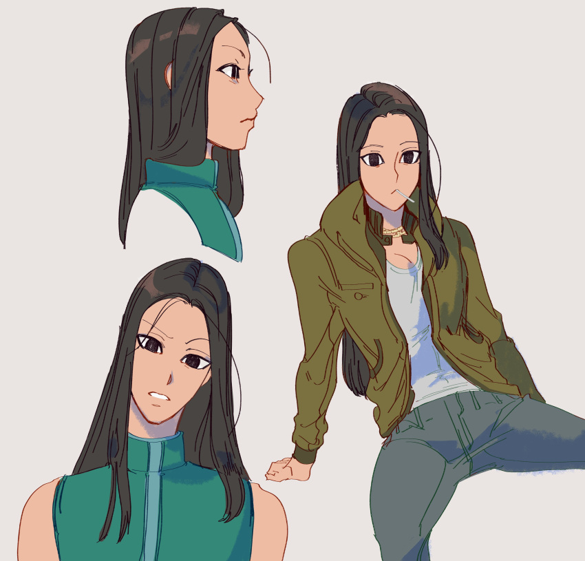 1boy absurdres alternate_costume androgynous black_eyes black_hair blue_pants candy denim dungeonbgm food food_in_mouth green_jacket highres hunter_x_hunter illumi_zoldyck jacket jeans lollipop long_hair long_sleeves looking_at_viewer male_focus multiple_views pants