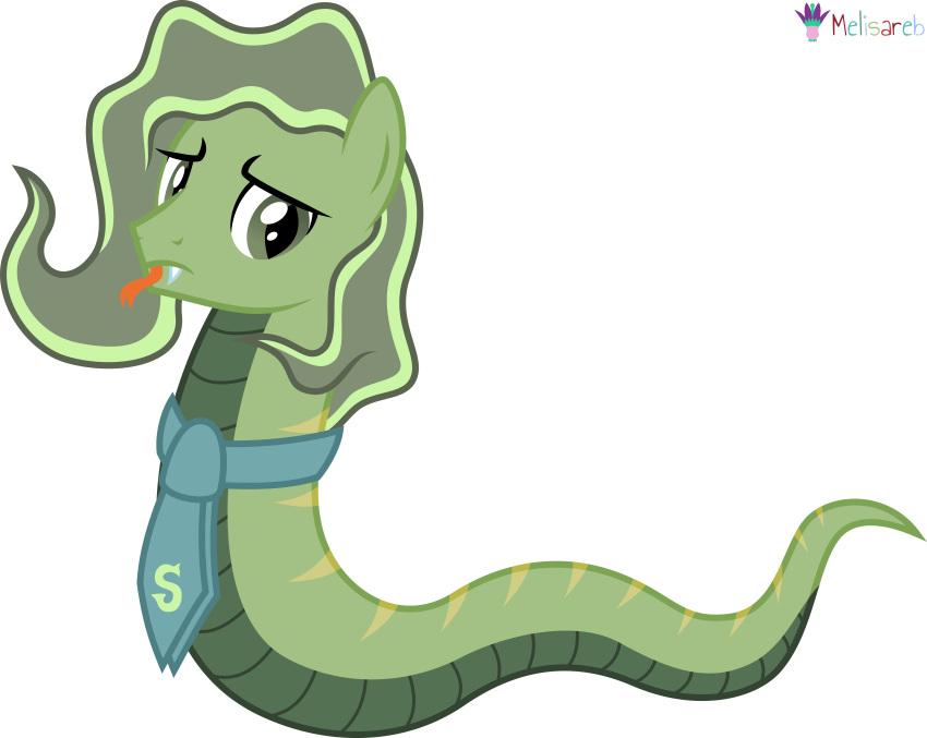 2023 absurd_res alpha_channel alphabet_(mike_salcedo) alternate_species apode brown_body brown_countershading brown_eyes countershading draconcopode equid fangs feral forked_tongue green_body green_hair grey_tie hair hasbro hi_res legless male mammal melisareb my_little_pony s_(mike_salcedo) serpentine signature simple_background solo teeth tongue transparent_background