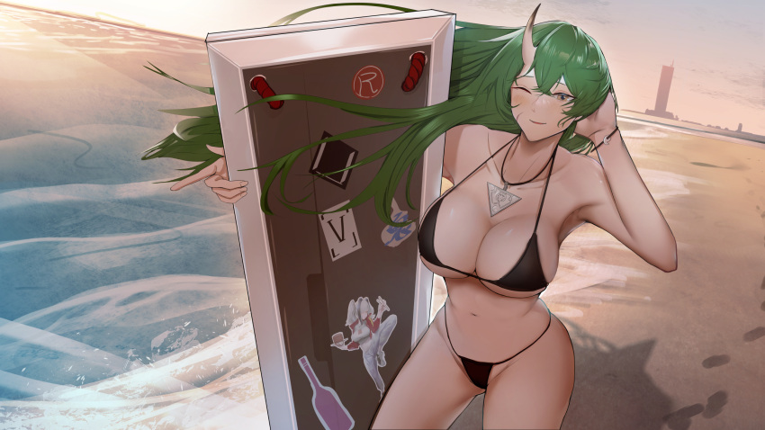 1girl arknights beach bikini black_bikini breasts brown_eyes collarbone day feater_(arknights) feater_(gourmet)_(arknights) green_hair highres holding holding_shield horns hoshiguma_(arknights) large_breasts long_hair looking_at_viewer navel ocean official_alternate_costume one_eye_closed oni_horns outdoors saigakobaru sand shield single_horn solo standing sticker stomach swimsuit