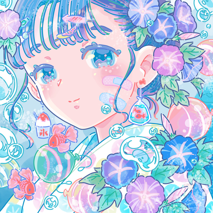 1girl air_bubble bag bagged_fish_earrings bandaid bandaid_on_cheek bandaid_on_face blue_eyes blue_flower blue_hair blush bubble closed_mouth colored_eyelashes commentary_request earrings fish floral_print flower food-themed_earrings goldfish highres hiro046k japanese_clothes jewelry kimono looking_at_viewer morning_glory original portrait purple_flower shaved_ice_earrings smile solo split_mouth water_yoyo white_kimono yukata