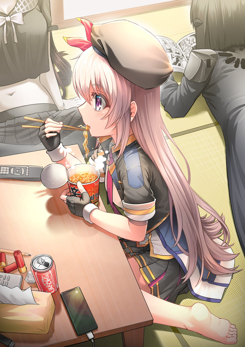 3girls absurdres anna_(girls'_frontline) barefoot beret black_dress black_gloves black_hair black_headwear black_jacket black_shirt black_skirt brand_name_imitation can cellphone coca-cola commission controller cup_ramen dress eating fingerless_gloves futon girls'_frontline gloves hat highres jacket long_hair manga_(object) multiple_girls ouroboros_(girls'_frontline) phone purple_hair remote_control senpaihawkkun shirt shotgun_shell skirt smartphone soda_can usas-12_(girls'_frontline) very_long_hair