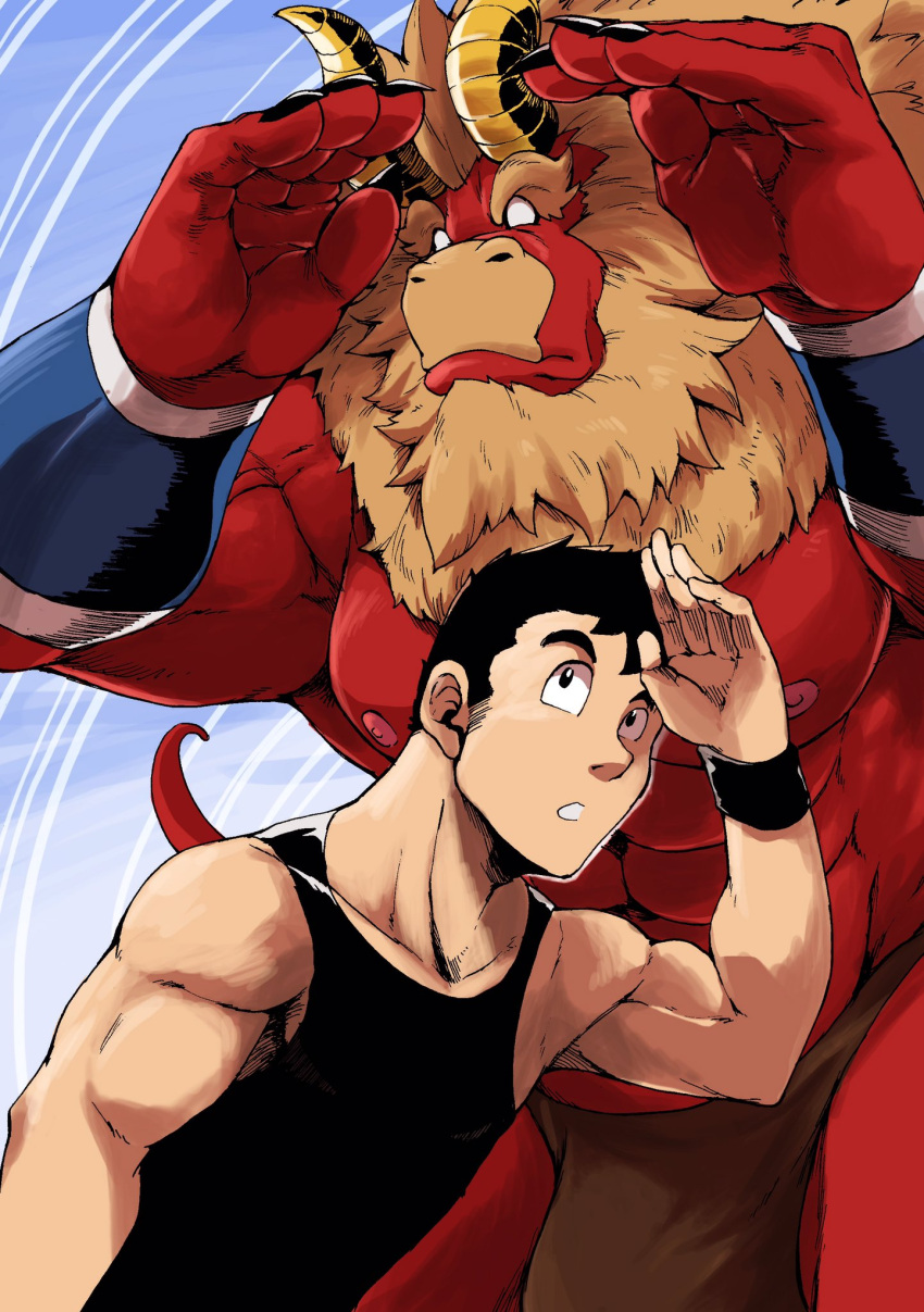2boys :o bara beard beauty_and_the_beast black_hair black_tank_top blank_eyes bulge colored_skin cover cover_page curled_horns demon_boy demon_horns doujin_cover facial_hair forked_eyebrows furry furry_male furry_with_non-furry gardie_(otsukimi) hands_up highres horns huge_eyebrows interspecies kouhei_(otsukimi) large_bulge large_hands large_pectorals lion_hair loincloth male_focus multiple_boys muscular muscular_male nipples original otsukimi parody pectorals red_skin searching short_hair sideburns sideburns_stubble size_difference tank_top textless_version thick_eyebrows thick_thighs thighs title_parody topless_male upper_body yaoi