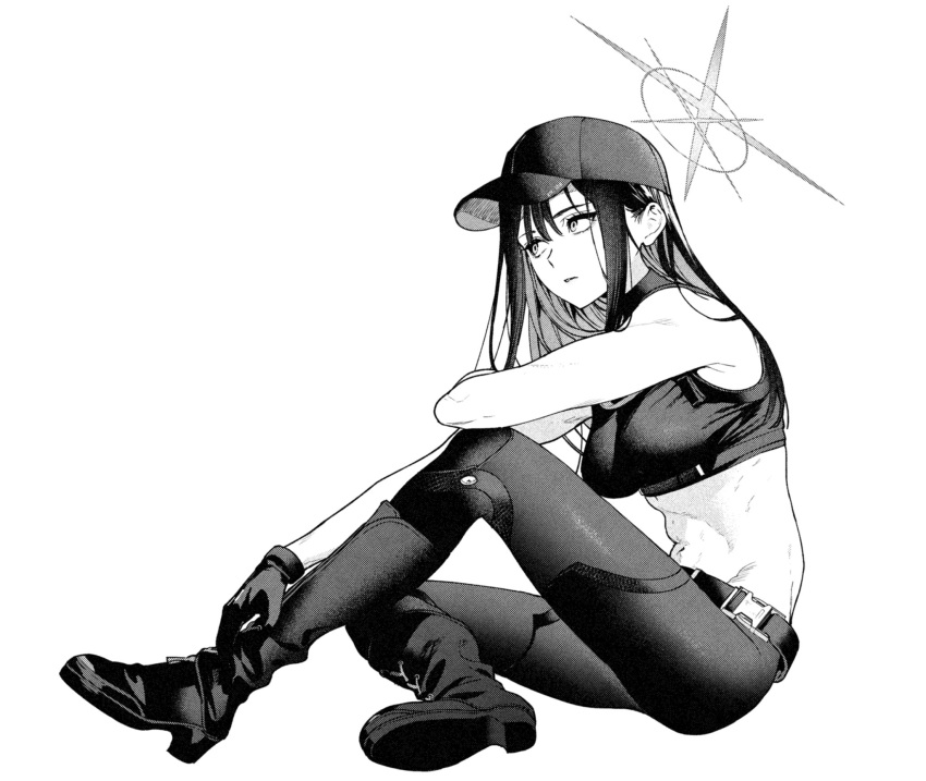 1girl baseball_cap belt blue_archive boots breasts crop_top from_side full_body gloves greyscale hair_between_eyes halo hat highres large_breasts long_hair mameojitan midriff monochrome pants parted_lips saori_(blue_archive) shirt simple_background sitting sleeveless sleeveless_shirt solo white_background