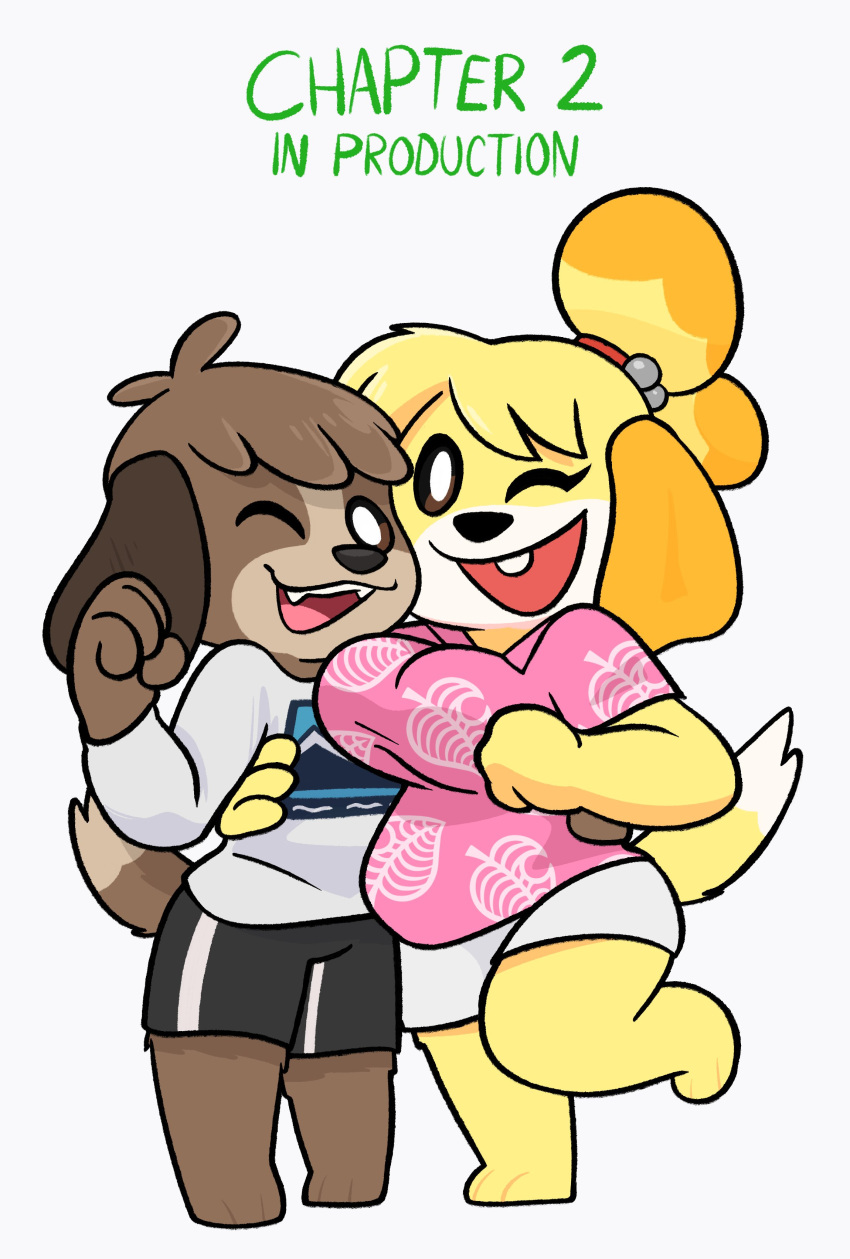 absurd_res animal_crossing anthro blouse bottomwear breasts brother canid canine canis clothing crushpepper digby_(animal_crossing) domestic_dog duo female hi_res incest_(lore) isabelle_(animal_crossing) male male/female mammal nintendo one_eye_closed shirt shorts sibling side_hug sister skirt smile topwear wink