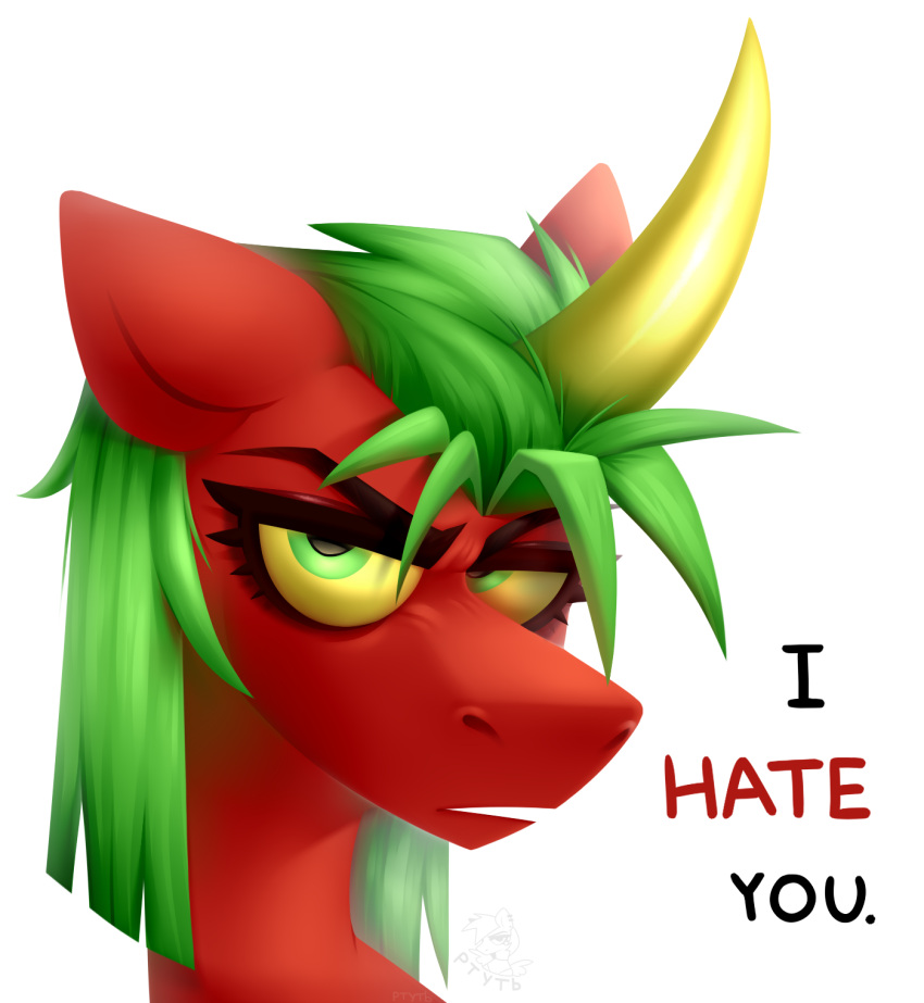 2022 angry angry_expression angry_eyes angry_face colored digital_drawing_(artwork) digital_media_(artwork) dragon equid equine female feral fur green_eyes green_hair hair hasbro hate hi_res horn horse hybrid looking_at_viewer mammal my_little_pony pony portrait red_body red_fur riot_(rtootb) rtootb shaded signature simple_background solo teeth text unicorn watermark yellow_horn yellow_sclera