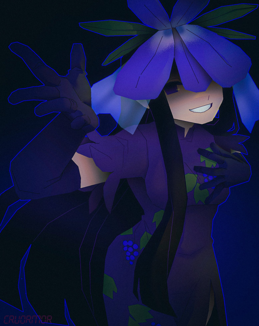 1girl black_gloves black_hair china_dress chinese_clothes cruormor dress elbow_gloves flower flower_on_head gloves grape_print highres long_hair looking_at_viewer one_eye_covered purple_dress purple_eyes purple_flower short_sleeves smile solo touhou unfinished_dream_of_all_living_ghost vine_print yomotsu_hisami