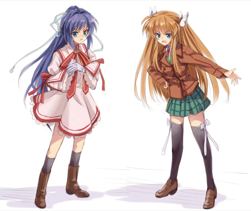 2girls arguing black_hair black_socks black_thighhighs blue_eyes blue_ribbon boots bow brown_footwear brown_jacket commentary dress frilled_dress frilled_sleeves frills full_body gloves green_skirt hair_intakes hair_ribbon hand_on_own_hip highres jacket juliet_sleeves kazamatsuri_institute_high_school_uniform kneehighs konohana_lucia loafers long_hair long_sleeves longmei_er_de_tuzi looking_at_another miniskirt multiple_girls neck_ribbon ootori_chihaya open_hand open_mouth orange_hair outstretched_arm pink_dress plaid plaid_skirt pleated_skirt ponytail puffy_sleeves red_ribbon rewrite ribbon school_uniform shoes short_dress sidelocks simple_background sketch skirt socks straight_hair thighhighs two_side_up uniform v-shaped_eyebrows very_long_hair white_background white_bow white_gloves white_ribbon wide_sleeves wing_hair_ornament zettai_ryouiki