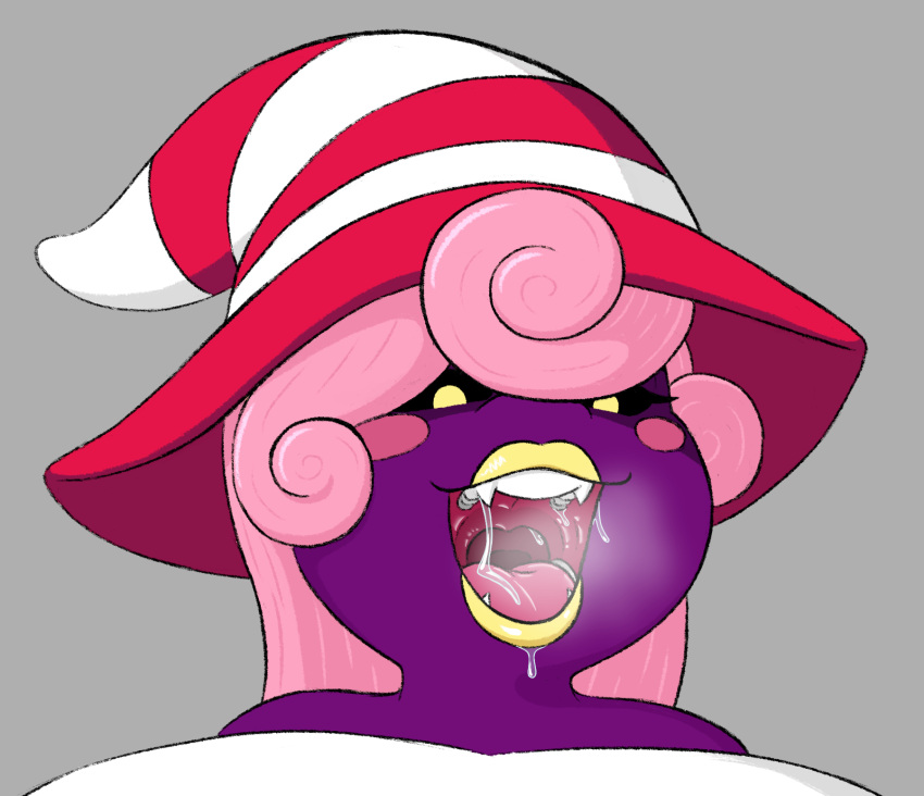 black_sclera blush blush_stickers bodily_fluids breath clothing drooling female hair hat headgear headwear hi_res holding_viewer humanoid imminent_vore jadebbutts lips lipstick makeup mario_bros mouth_shot nintendo open_mouth paper_mario pink_hair pupils purple_body saliva saliva_string shadow_siren solo thick_lips vivian_(mario) yellow_lips yellow_lipstick yellow_pupils