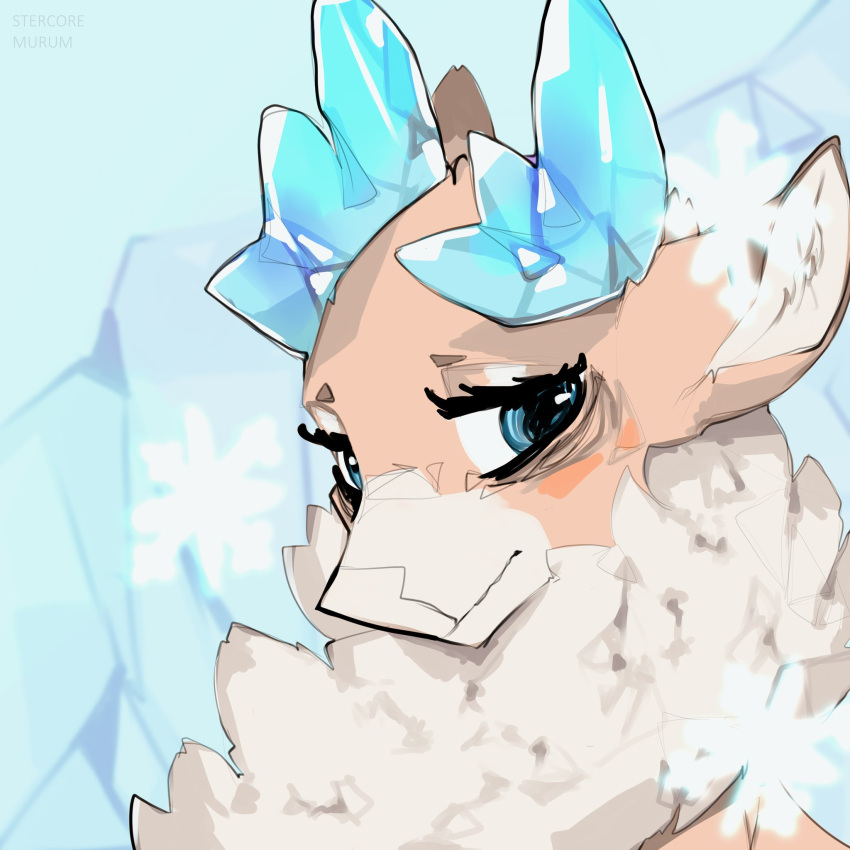 1:1 2023 antlers blue_antlers blue_eyes bust_portrait capreoline deer digital_media_(artwork) eyelashes female feral fluffy_chest hi_res horn ice mammal portrait reindeer solo stercore_murum them's_fightin'_herds velvet_reindeer_(tfh)