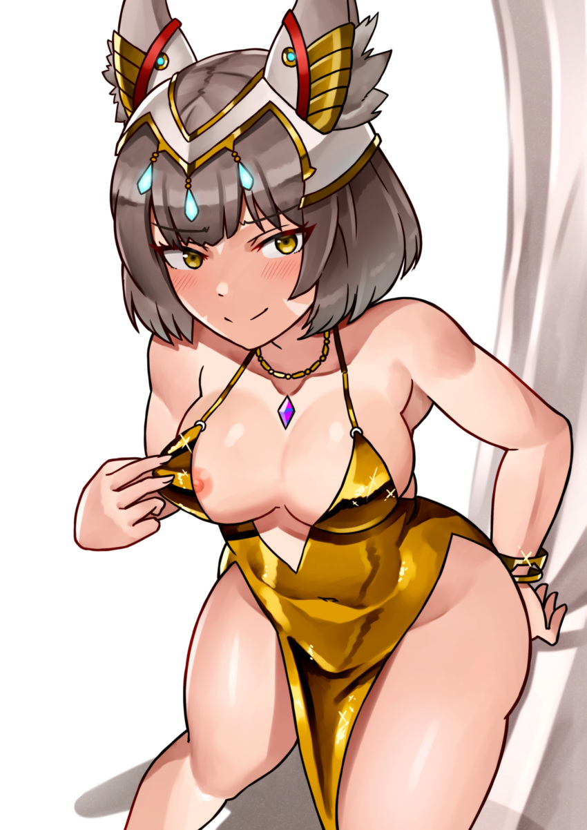 1girl absurdres alternate_breast_size alternate_costume animal_ears blunt_bangs breasts cat_ears chest_jewel circlet claw_pose closed_mouth clothing_aside cocktail_dress collarbone commentary_request core_crystal_(xenoblade) covered_navel curtains dress dress_aside flashing gold_dress gold_necklace grey_hair halterneck highres jewelry looking_at_viewer medium_breasts necklace nia_(xenoblade) nipple_slip nipples oniisan02b short_hair side_slit sleeveless sleeveless_dress smile solo sparkle_print thighs white_background xenoblade_chronicles_(series) xenoblade_chronicles_3 yellow_eyes