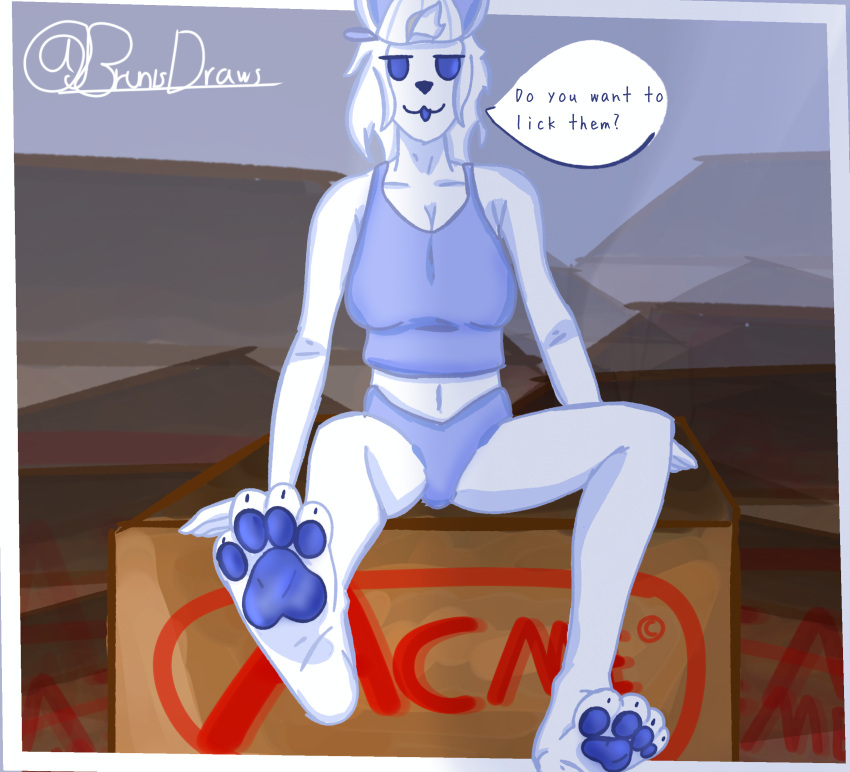 absurd_res acme animal_humanoid anthro barefoot blue_eyes box breasts brunisdraws cat_humanoid clothing container dialogue domestic_cat english_text feet felid felid_humanoid feline feline_humanoid felis female foot_fetish foot_focus footwear full-length_portrait fur hair hat headgear headwear hi_res hindpaw humanoid legwear lencerie mammal mammal_humanoid pawpads paws portrait rz54_(rz54) sitting solo speech_bubble spread_legs spreading text thigh_highs white_body white_fur