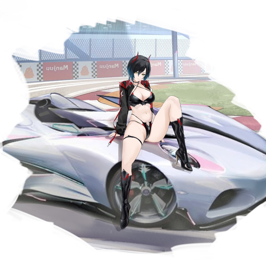 1girl absurdres azur_lane black_footwear black_hair black_jacket boots breasts choker cleavage crotch_zipper full_body hair_between_eyes high_heels highres horns jacket jpeg_artifacts latex latex_panties long_sleeves mechanical_horns medium_breasts multi-strapped_panties navel official_alternate_costume open_clothes open_jacket panties race_queen red_horns short_hair sitting_on_car solo spiked_choker spikes suo_bu_ye_feng ulrich_von_hutten_(azur_lane) ulrich_von_hutten_(ignition_matrician)_(azur_lane) underwear yellow_eyes zipper