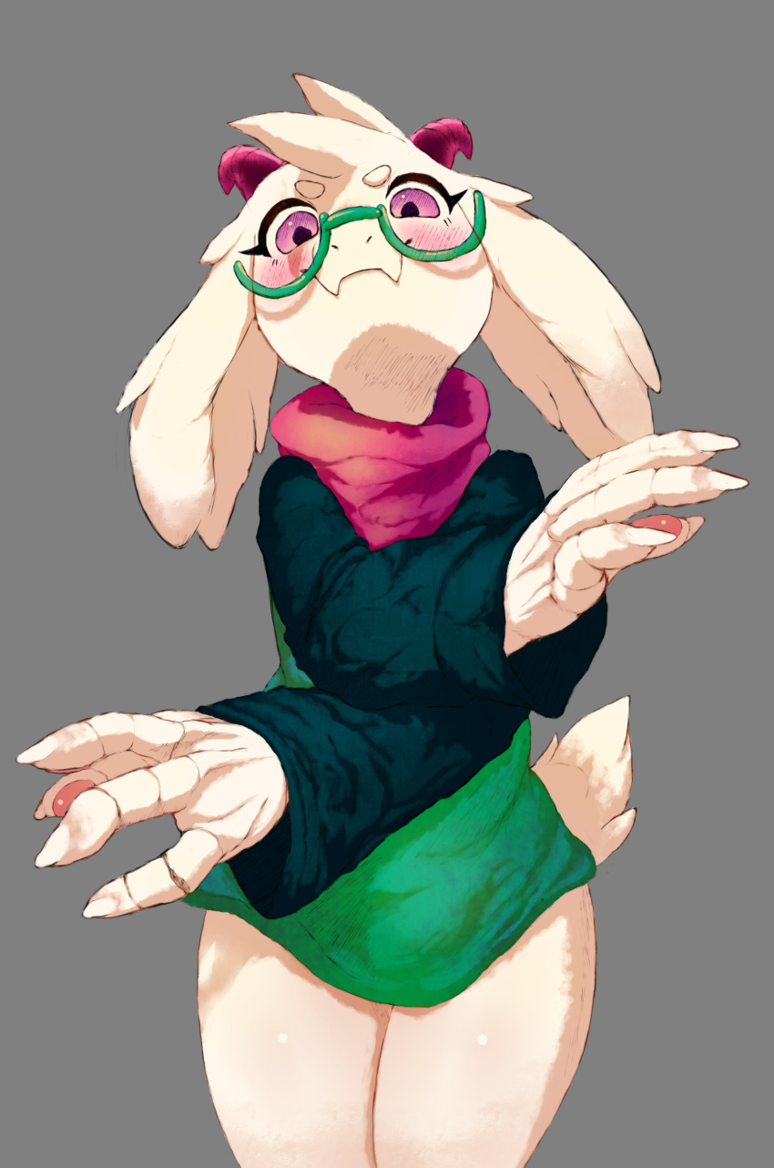 abstract_background absurd_res blush bottomless bovid caprine clothed clothing darkner deltarune eyewear fur glasses goat green_clothing hi_res horn kasu_g_mond male mammal mostly_nude purple_eyes ralsei robe robe_only scarf solo undertale_(series) white_body white_fur