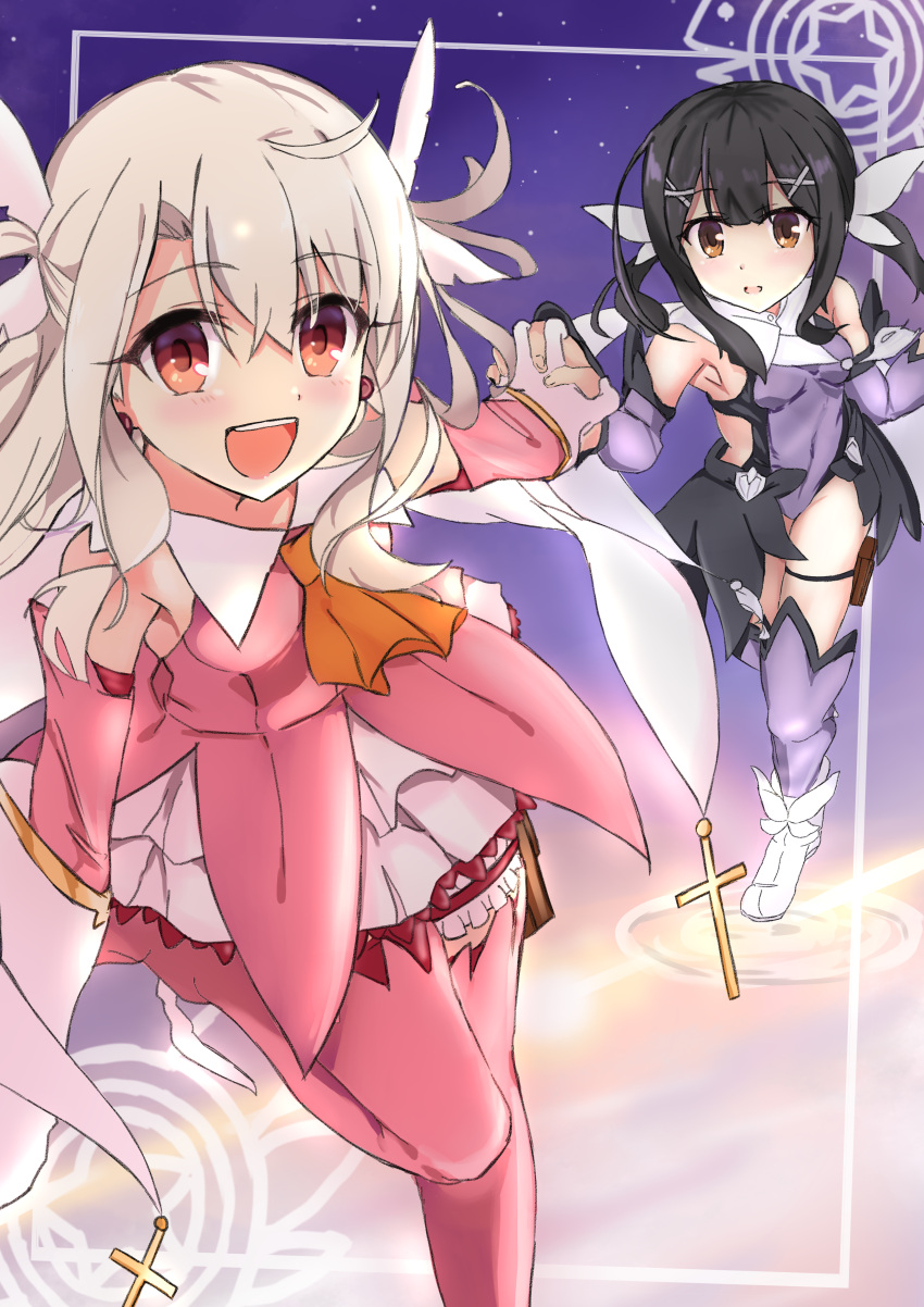 2girls absurdres ascot bangs bare_shoulders black_hair blush boots breasts brown_eyes cape detached_sleeves dress elbow_gloves fate/kaleid_liner_prisma_illya fate_(series) feather_hair_ornament feathers gloves hair_between_eyes hair_ornament hairclip highres illyasviel_von_einzbern kebab_(blackdoll) layered_gloves leotard long_hair looking_at_viewer miyu_edelfelt multiple_girls open_mouth pink_dress pink_footwear pink_gloves prisma_illya purple_leotard purple_sleeves purple_thighhighs red_eyes sidelocks skirt small_breasts smile thigh_boots thighhighs thighhighs_under_boots thighs twintails two_side_up white_cape white_footwear white_gloves white_hair white_skirt