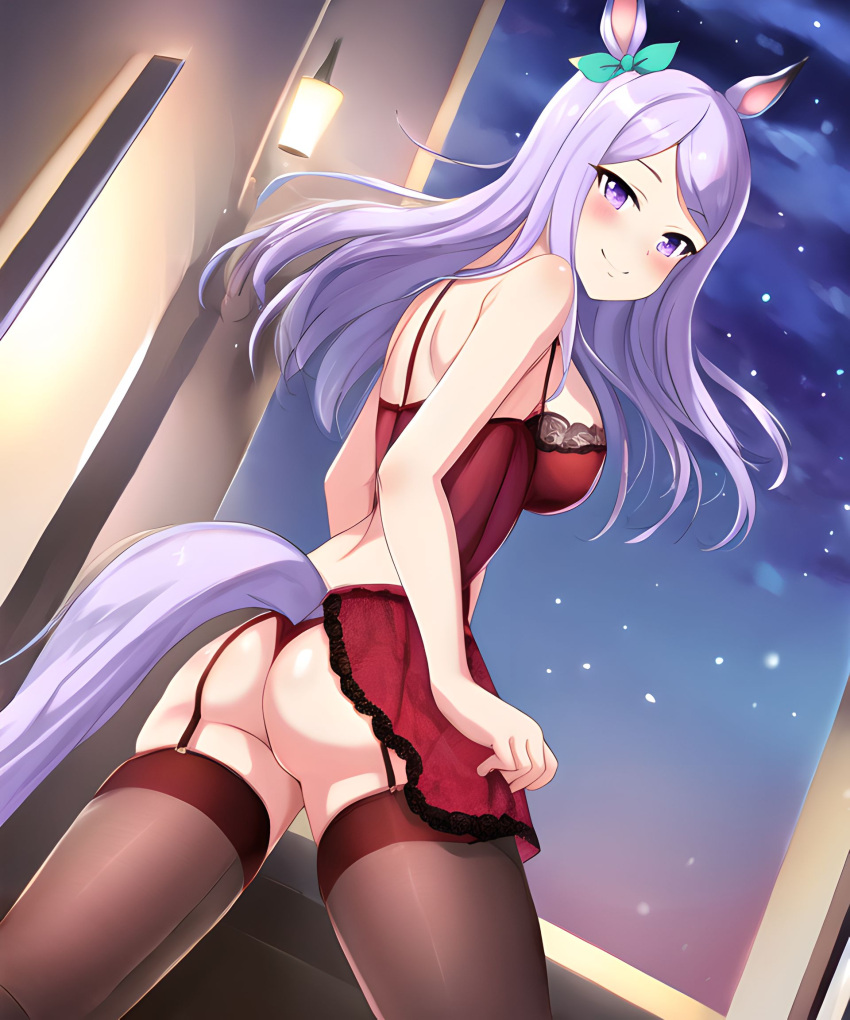 1girl animal_ears aqua_ribbon ass babydoll blush ear_ribbon from_behind highres horse_ears horse_girl horse_tail lingerie looking_back mejiro_family_(umamusume) mejiro_mcqueen_(umamusume) ribbon smile star_(sky) tail thong umamusume underwear underwear_only