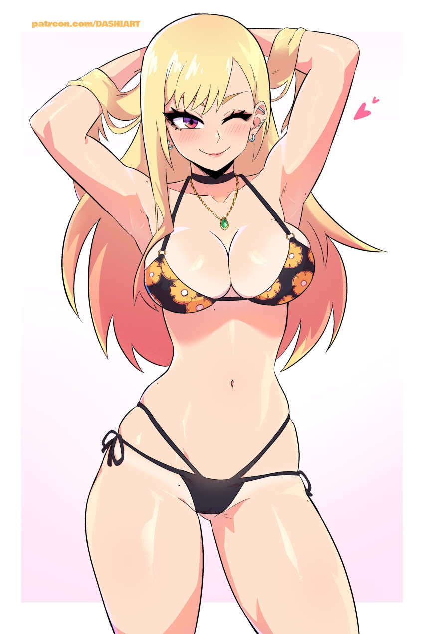 1girl absurdres armpits arms_up ass_visible_through_thighs bikini black_bikini blonde_hair blush breasts closed_mouth dashi ear_piercing earrings floral_print gradient_hair heart highres jewelry kitagawa_marin long_hair looking_at_viewer multicolored_hair navel necklace one_eye_closed piercing red_eyes skindentation smile solo sono_bisque_doll_wa_koi_wo_suru standing swimsuit tan tanlines