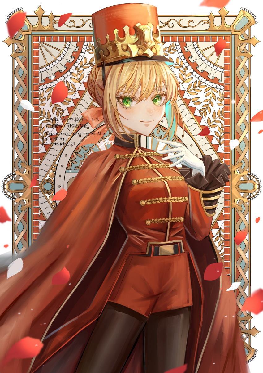 1girl absurdres artist_name black_pantyhose blonde_hair braid braided_bun cape fate/grand_order fate_(series) french_braid frilled_sleeves frills gloves green_eyes hair_between_eyes hair_bun hat highres ichimichi_111 long_hair long_sleeves looking_at_viewer nero_claudius_(fate) nero_claudius_(fate/extra) official_alternate_costume pantyhose petals red_cape red_headwear red_shorts rose_petals shako_cap short_shorts shorts single_hair_bun smile solo white_gloves