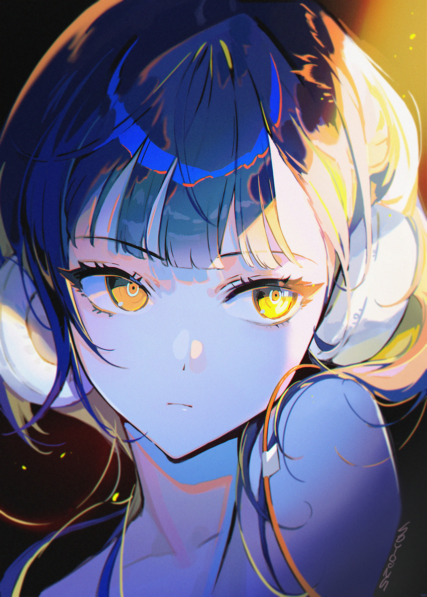 1girl :| bare_shoulders blue_hair close-up closed_mouth collarbone cowlick cropped_arms expressionless headphones headphones_removed highres long_bangs looking_to_the_side medium_hair orange_eyes original portrait raised_eyebrows sidelocks signature solo soyoong_jun white_headphones