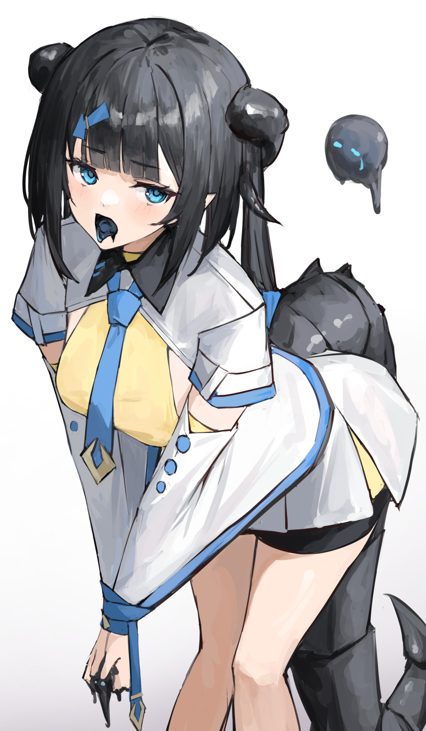 1girl absurdres black_hair black_horns black_shorts black_tail blue_eyes blue_necktie blunt_bangs bound bound_wrists directional_arrow_hair_ornament feet_out_of_frame highres horns leaning_forward long_hair looking_at_viewer necktie original pointy_ears shiro_wa_(shiroshironix) shirt shorts sideboob_cutout simple_background slime_(creature) slime_(substance) tail tongue tongue_out white_background white_shirt yellow_shirt