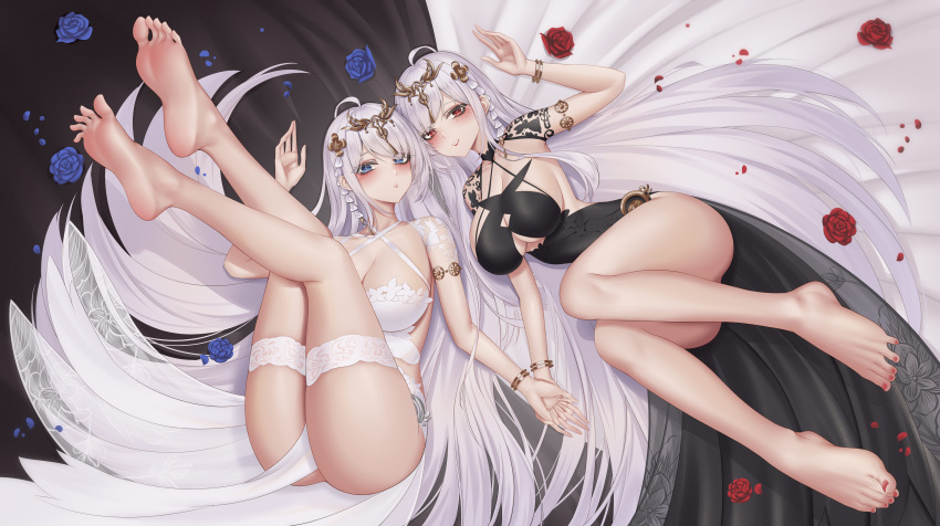 2girls absurdres azur_lane barefoot blue_eyes blush bracelet breasts cleavage closed_mouth commentary_request emden_(azur_lane) feet hair_ornament highres ichikushi_mojibake jewelry large_breasts legs legs_up long_hair looking_at_viewer lying multiple_girls on_back on_side parted_lips red_eyes smile soles thigh_strap thighs toes white_hair