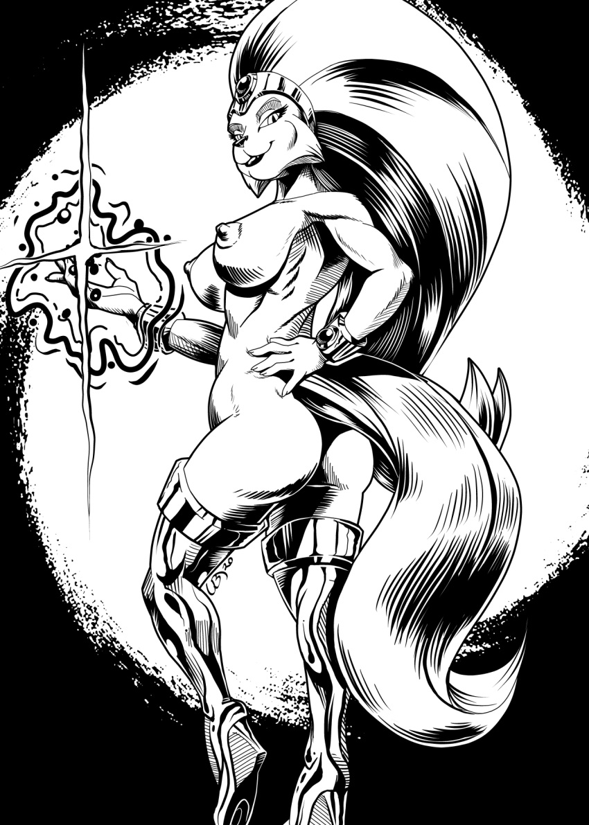 2020 anthro black_and_white breasts bucky_o'hare_(series) clothing domestic_cat felid feline felis female fur hair hi_res jenny_(bucky_o'hare) legwear long_hair looking_at_viewer looking_back looking_back_at_viewer magic mammal monochrome mostly_nude nipples pupils slit_pupils solo tail thigh_highs uba