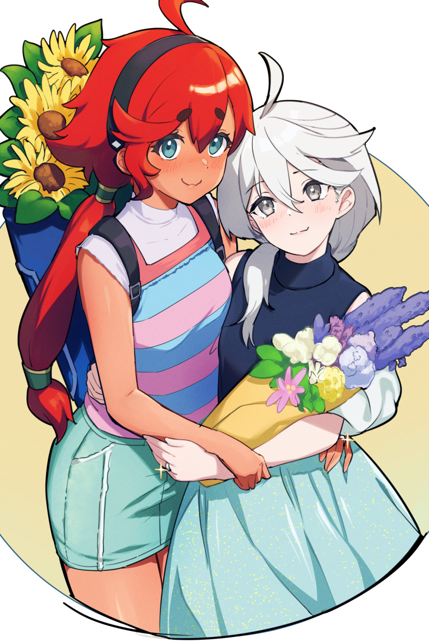 2girls :3 ahoge arm_around_waist backpack bag blush bouquet casual couple flower grey_hair gundam gundam_suisei_no_majo hairband highres holding holding_bouquet hug jewelry long_skirt looking_at_viewer miorine_rembran multiple_girls official_alternate_costume ponytail red_hair ring skirt smile suletta_mercury sunflower thick_eyebrows umihal wedding_ring wife_and_wife yuri