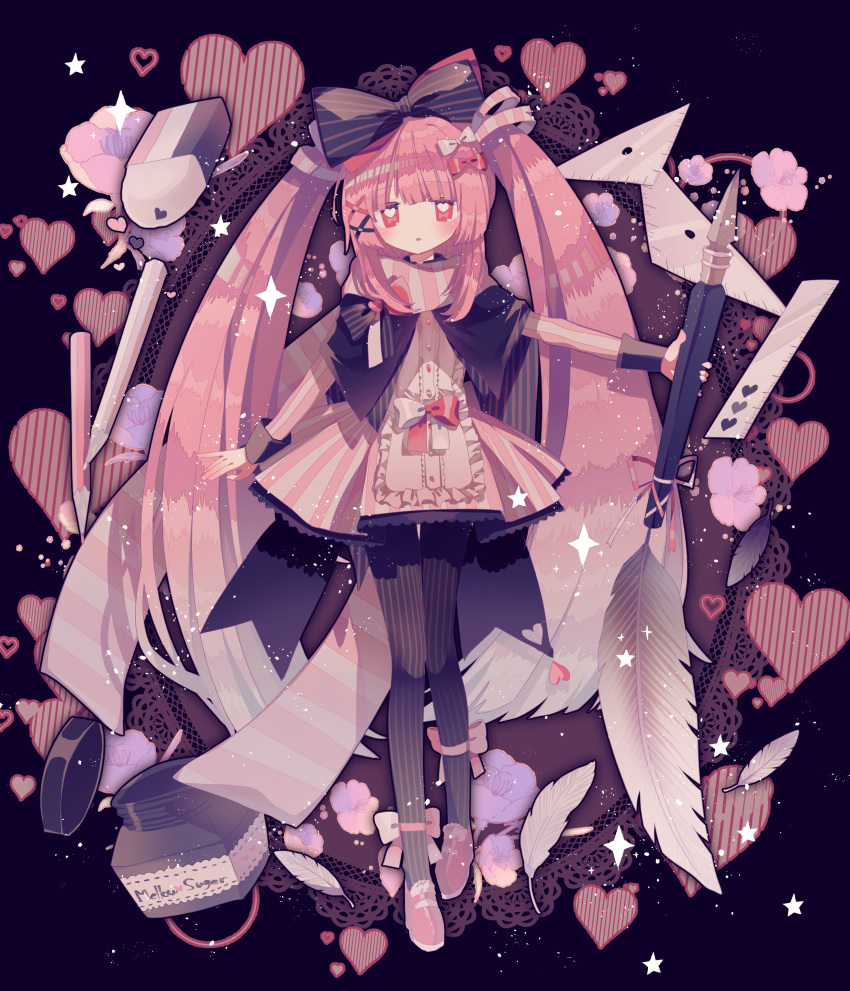 1girl absurdres black_bow black_cape black_pantyhose blunt_bangs bow cape character_name dress eraser full_body hair_bow hair_ornament heart highres holding holding_pen long_hair looking_at_viewer mellow_sugar multiple_hair_bows original pantyhose parted_lips pen pencil pink_bow pink_dress pink_footwear pink_hair pink_scarf ruler scarf solo striped striped_bow striped_dress striped_pantyhose striped_scarf twintails usagi_nui vertical-striped_dress vertical-striped_pantyhose vertical_stripes white_bow x_hair_ornament
